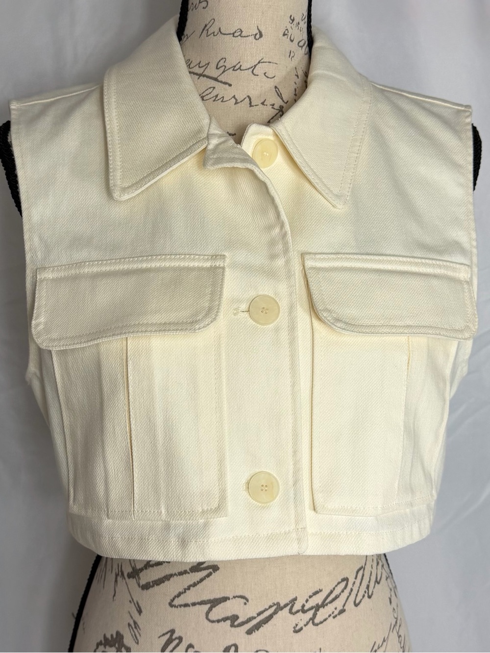 ZARA Cream Crop Vest Boxy Fit Button Down Structured Denim Top Pockets S/M